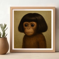 Funny Chimp with Bob Haircut Poster Cute Monkey Wall Art Surreal Kitsch Decor