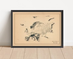 Europe Map, Europe 2D Relief Map, Europe Vintage Map – 2D Flat Print