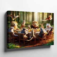 Wildlife Gathering Canvas Wall Art Forest Animals Dining Table Nature Print