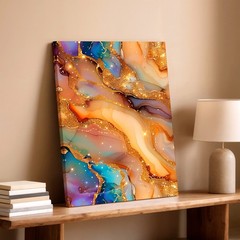Wall Art Abstract Fluid Marble Gold Glitter Blue Orange Canvas Print Home Decor