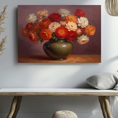 Colorful Vintage Floral Canvas Wall Art Vase with Red Orange White Flowers Print