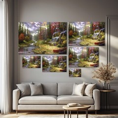 Vintage Rustic Cabin Fly Fishing Autumn Forest Painting Canvas Wall Art Print