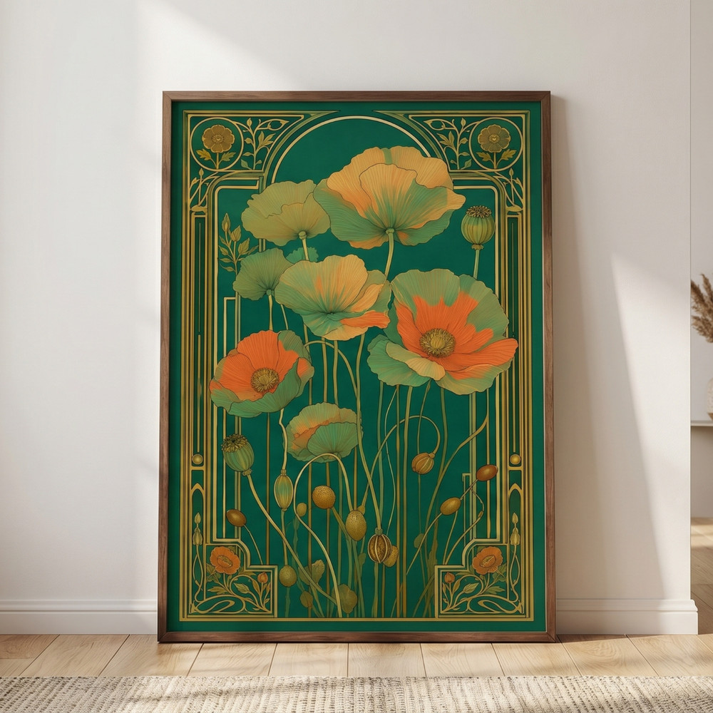 Art Nouveau Green Poppy Flower Poster Vintage Mucha Style Floral Wall Art Print