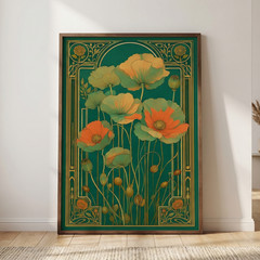Art Nouveau Green Poppy Flower Poster Vintage Mucha Style Floral Wall Art Print