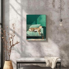 Framed Green Cheetah Canvas Wall Art Leopard Sleeping Cheetah on Sofa Picture…