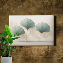 Minimal Botanical Still Life Canvas Art Three Fan Shaped Teal Leaves