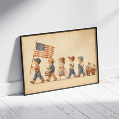 Vintage 4th of July Poster Patriotic Kids Parade US Flag Wall Art Print Decor