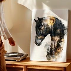 Wall Art Black Horse Forest Moon Portrait Fantasy Animal Canvas Print Decor