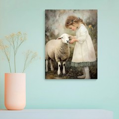 Vintage Little Girl Feeding Sheep Canvas Wall Art, Soft Neutral Farmhouse Decor