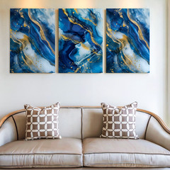3 Pieces Abstract Blue Gold Marble Modern Large Wall Art for Living Set Of 3