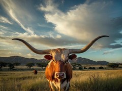 Texas Longhorn Cow Grazing at Dawn Photo Art Print Poster 24×36 inch