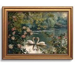 Vintage Gold Framed Swan Wall Art, Romantic Swan Couple Oil Painting Style Ca…