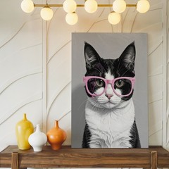 Pink Glasses Cat Canvas Minimalist Black & White Feline With Retro Charm Some
