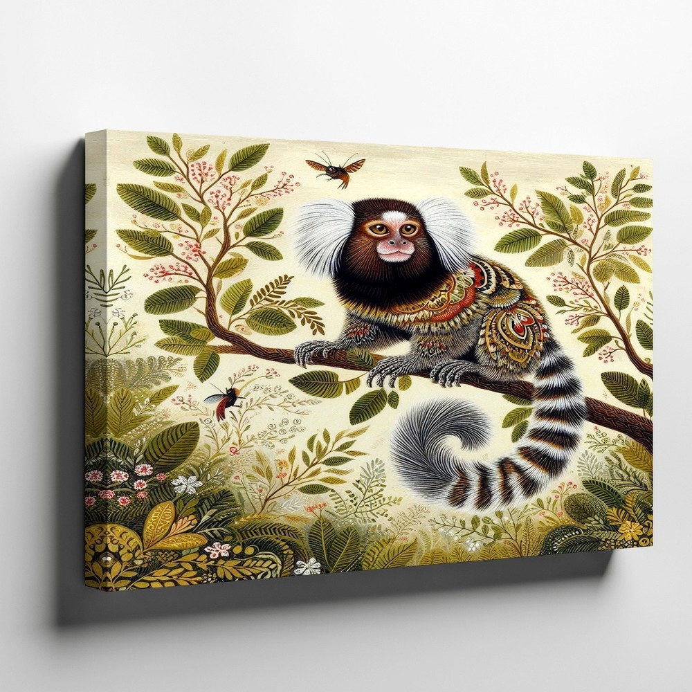 Whimsical Small Monkey on Branch with Detailed Foliage House Wall Art Print