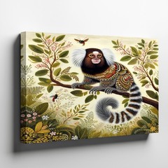 Whimsical Small Monkey on Branch with Detailed Foliage House Wall Art Print