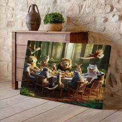 Wildlife Gathering Canvas Wall Art Forest Animals Dining Table Nature Print