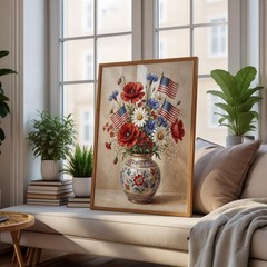 Patriotic Floral Wall Art, American Flag Flower Vase Print, 4th of July Poster