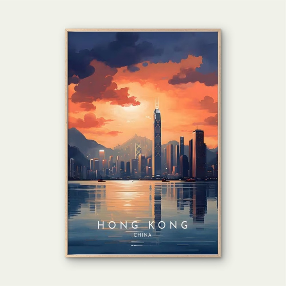 Hong Kong Cityscape at Sunset Painting Travel Poster Choose Your Size