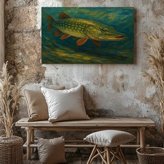 Large Northern Pike Fish Canvas Wall Art Rustic Fishing Lake House Decor Print