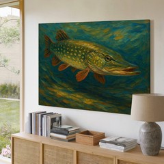 Large Northern Pike Fish Canvas Wall Art Rustic Fishing Lake House Decor Print