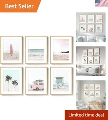 Framed Pink and Mint Green Coastal Wall Art for Living Room, 6 Piece Palm Tre…