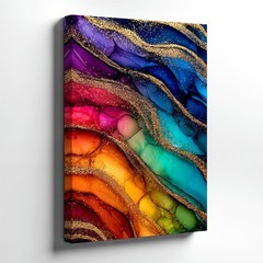 Wall Art Abstract Alcohol Ink Painting Colorful Gold Glitter Waves Canvas Print