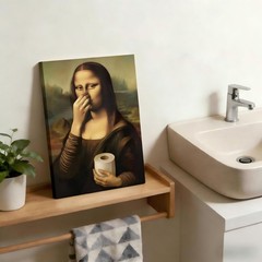 Funny Mona Lisa Bathroom Canvas Wall Art Humor Amusing Toilet Art Pinching Nose