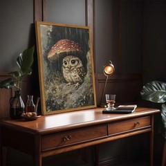 Framed Vintage Owl Canvas Wall Art, Cute Bird Mushroom Pictures Wall Decor, C…
