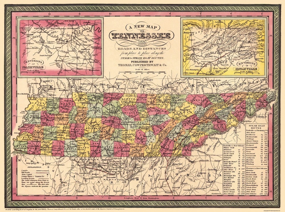 Historic State Map – Tennessee – Thomas 1850 – Vintage Wall Art