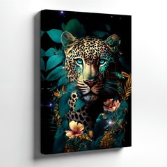 Wall Art Leopard Portrait Floral Jungle Leaves Teal Eyes Animal Print Poster