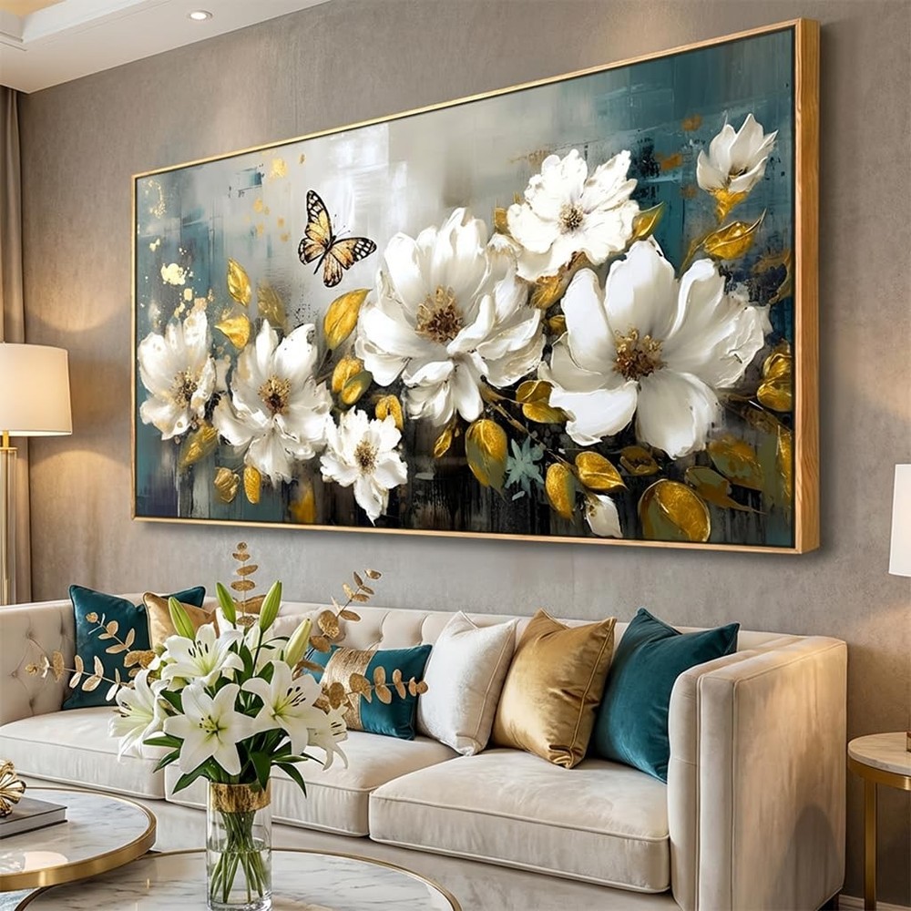 Wall Art Modern Flower Artwork Paintings White Blossom Gold Leaf Butterfly La…