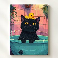 Bathtub Surprise Cat Canvas Funny Black Cat & Duck Retro Bathroom Art Some Wall