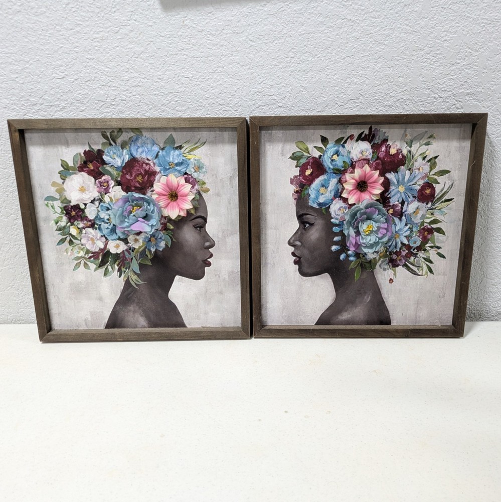 Set of2 Floral AfrocentricWomanWall Art 12×12 CanvasPrints ModernBlack Art Decor