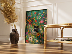 Cute Black Cat Wildflower Poster – Colorful Floral Garden Wall Art Decor Print