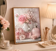 Framed Pink Floral Perfume Wall Art,Romantic Vintage Rose Bouquet wall Decor,…