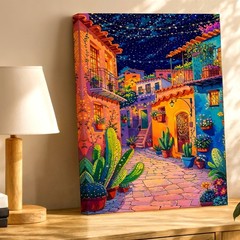 Wall Art Colorful Mediterranean Village Street Night Sky Cactus Canvas Print