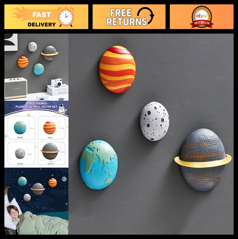 4Pcs Outer Space Planets Wall Decor – 3D Planet Theme Sculptures for Kids Room,