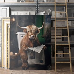 Highland Cow Reading Newspaper On Toilet Funny Bathroom Canvas Wall Art Print