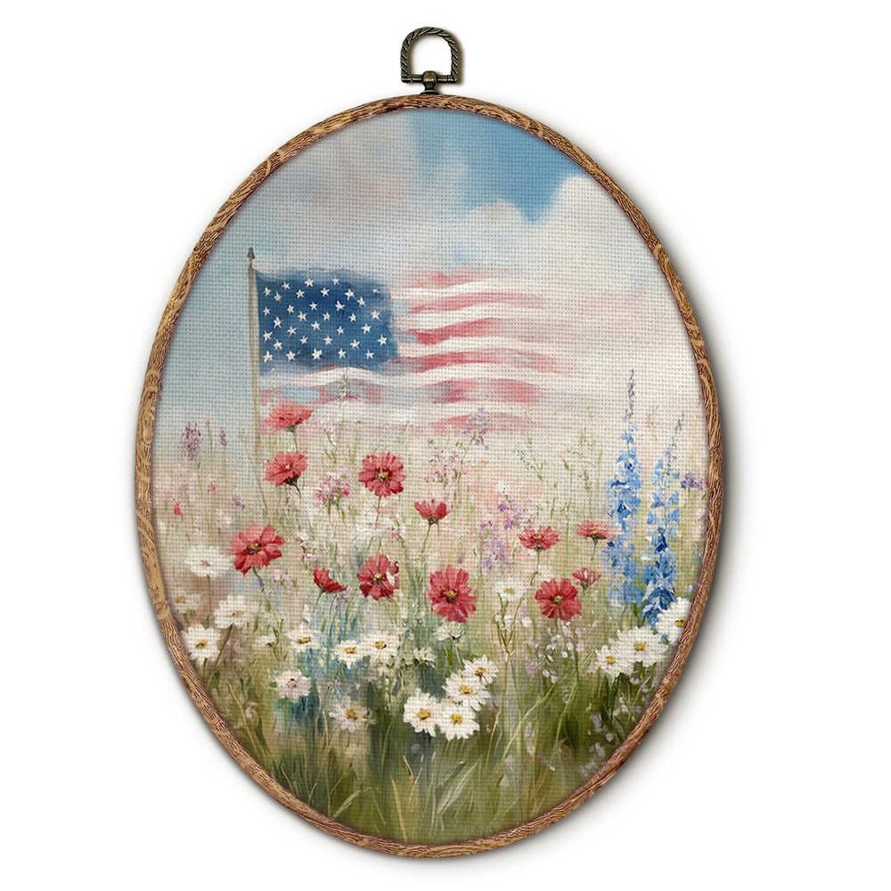 Americana Decor, Vintage Wildflower Patriotic Flag Oval Wall Art Framed, Vint…