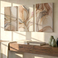 3 Pieces Abstract Fluid Earth Tones Gold Accents Large Wall Art for Set Of 3
