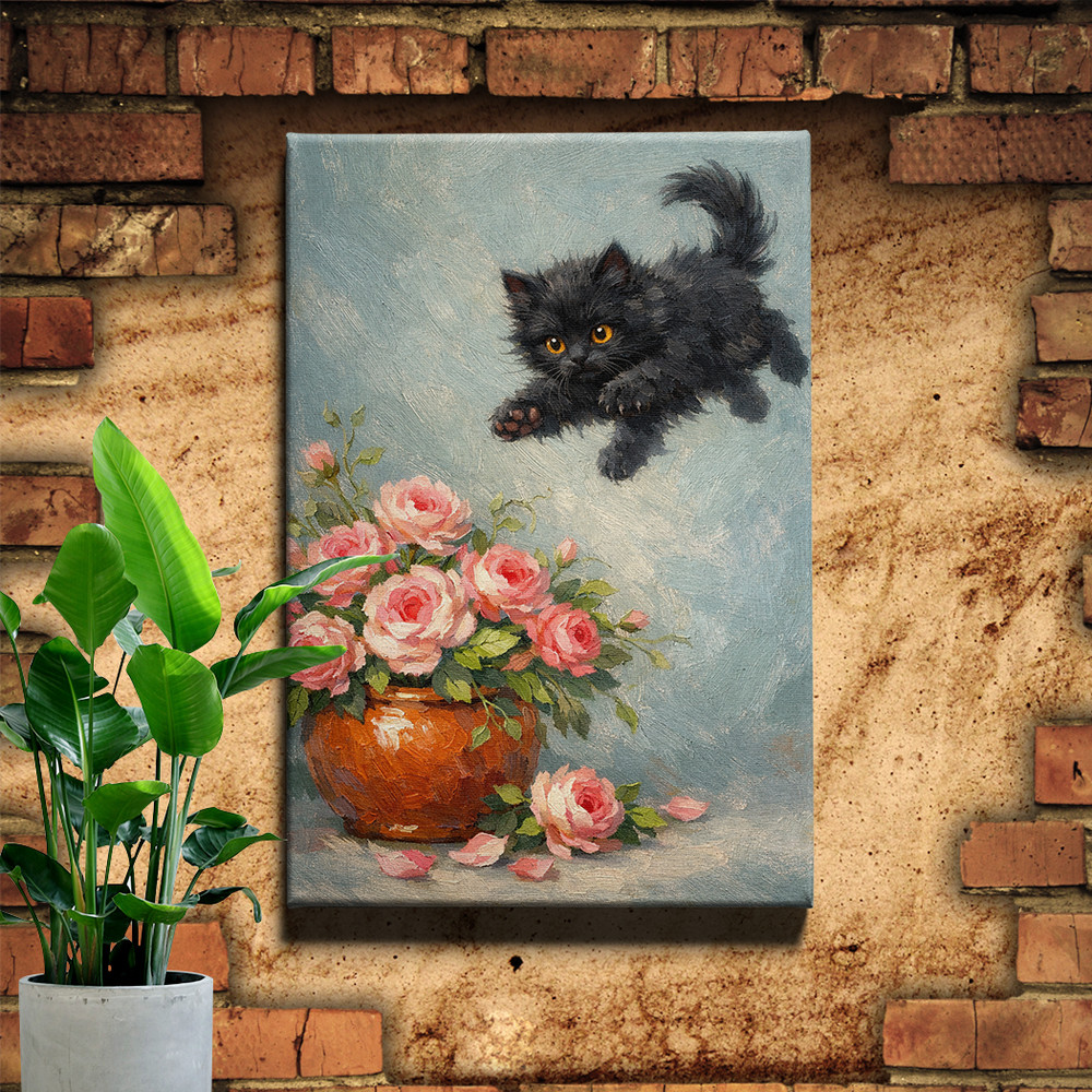 Whimsical Black Cat with Pink Roses and Vase Canvas Wall Art Print Gift