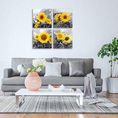 Rustic Floral Wall Art – 4 Panels Sunflower Watercolor Canvas, Waterproof Finish