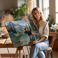 Moose Wall Art Canvas Print,Mountain Lake Landscape in Oil Painting Style Decor
