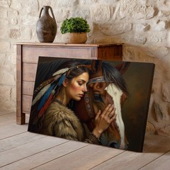 Native American woman with feathers in hair and horse canvas wall art print