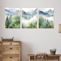 – Misty Forest Art, Mountain Painting Decor, Watercolor Forest Prints, Pine Tree