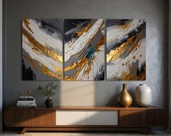 Grey and Gold Abstract Large 3-Panel Canvas Print, Home Decor Neutral Wall Art
