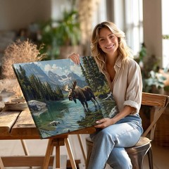 Moose Wall Art Decor,Sunny Mountain Pine Forest Oil Painting Giclee Canvas Print