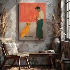 Canvas Wall Art a Minimalistic Modern Painting Showing a Man and a Dog Against