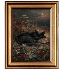 Black Cat Wall Art Decor, Vintage Gold Framed Sleeping Cat Canvas Print, Dark…