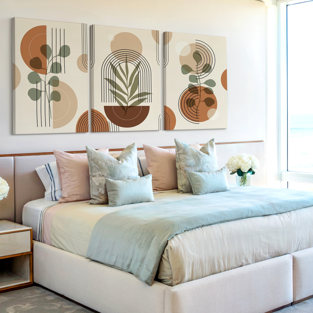 3 Pieces Abstract Botanical Earth Tones Geometric Shapes Large Wall Art Decor